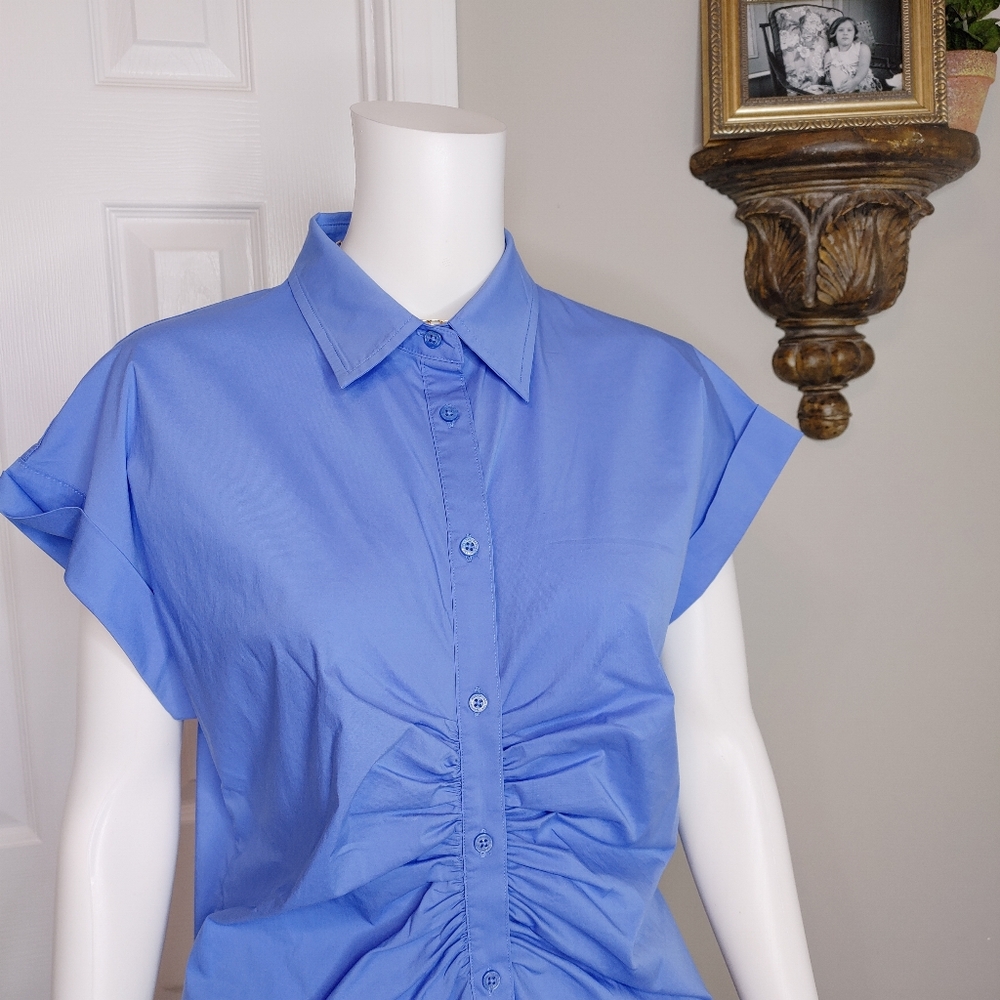 LAUREN RALPH LAUREN SHIRRED BUTTON DOWN TOP, BLUE 12 - Picture 6 of 13